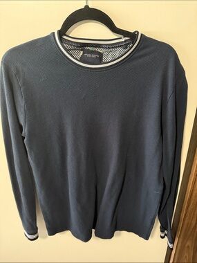 Denim & Flower Navy Crewneck Sweater with Contrast Stripe Trim